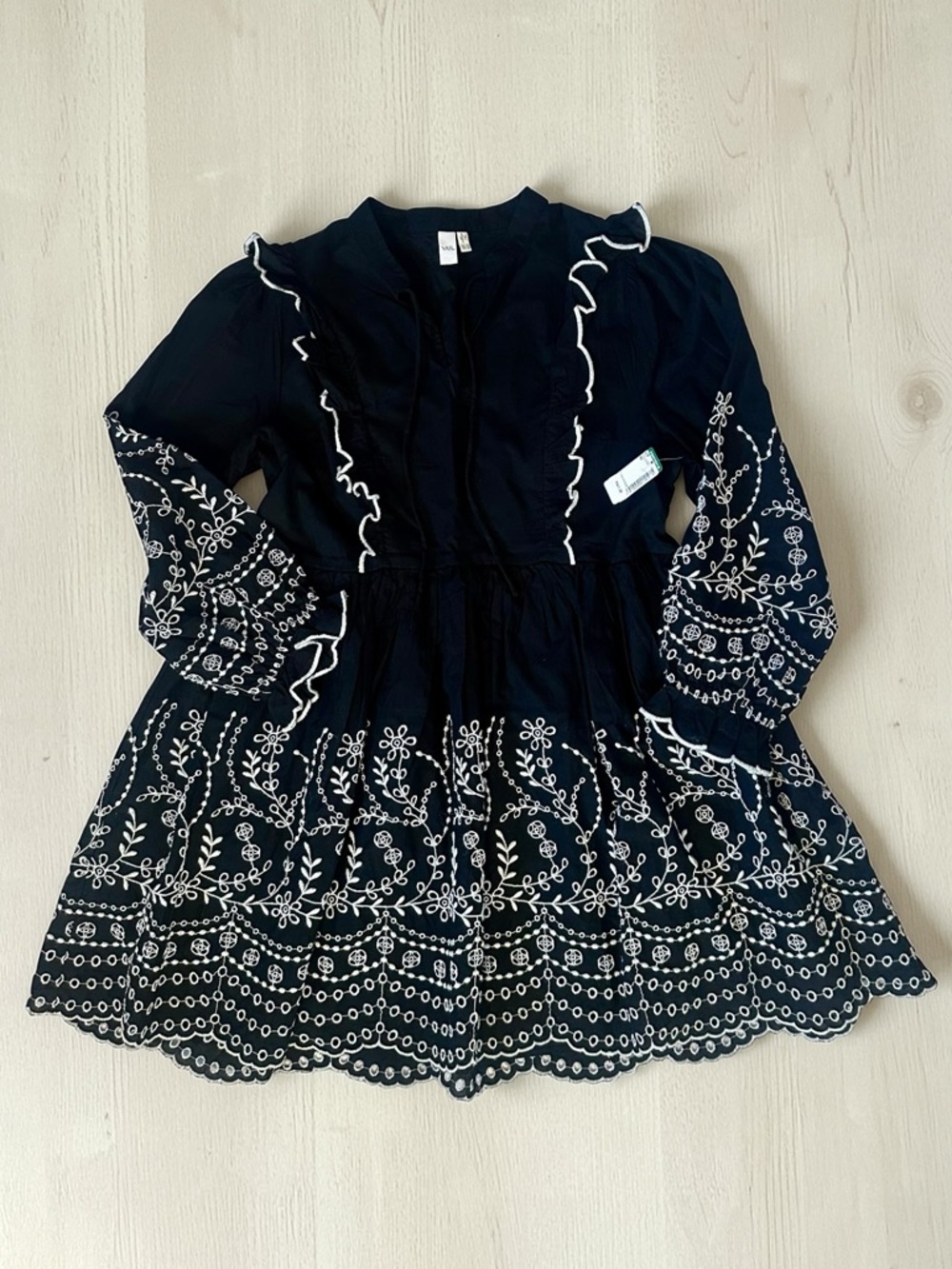 Yas - Black with White Embroidered Pattern Dress Size 10